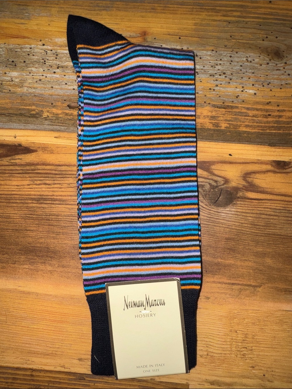 Neiman Marcus Men’s Striped Dress Socks - Blue, Black, Turquoise, Orange